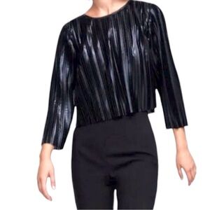 Zara Pleated Crop Top Blouse Shimmery Black Sz S Puff Sleeve Dark Feminine Glam
